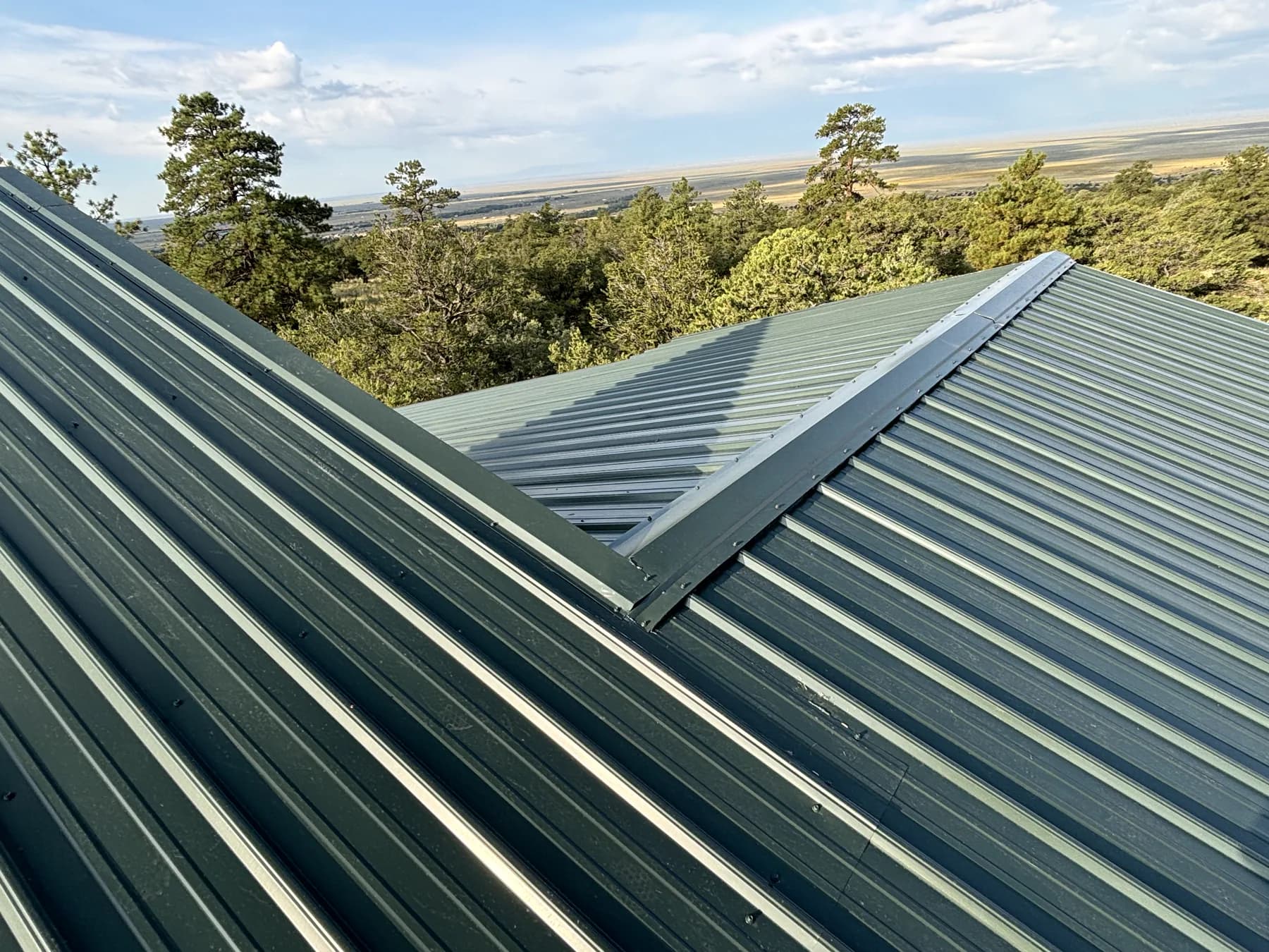 Green exposed-fastener metal roofing above trees and the San Luis Valley.