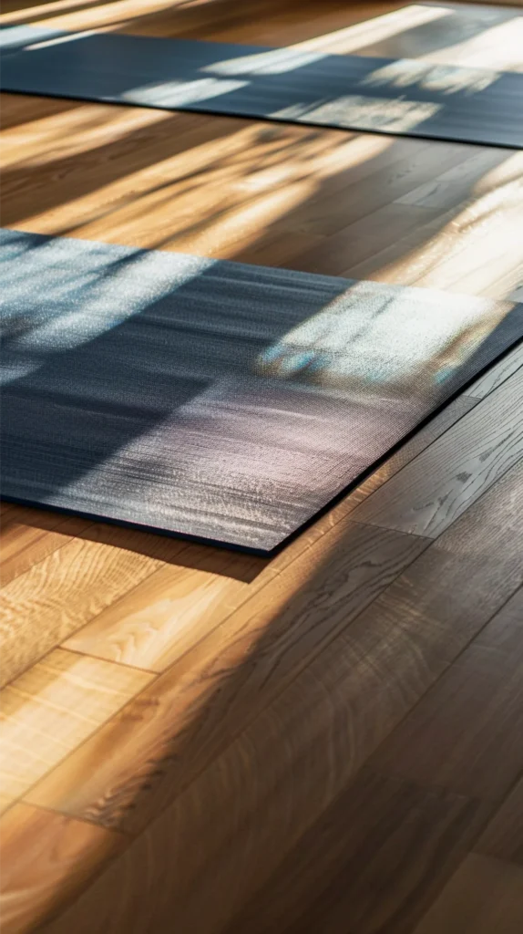 Hardwood flooring with yoga equipment